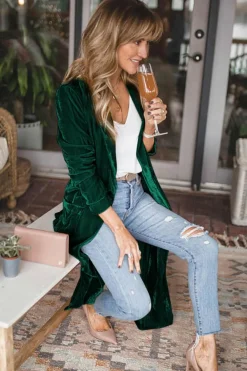 Clearance Dear-Lover Velvet Open Front Pocketed Long Duster Green