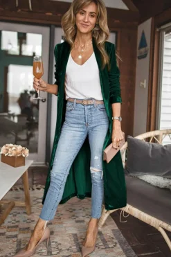 Clearance Dear-Lover Velvet Open Front Pocketed Long Duster Green