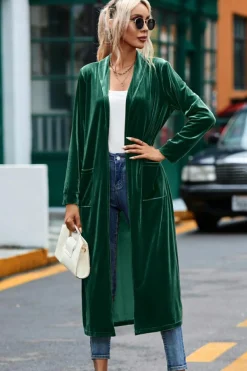 Clearance Dear-Lover Velvet Open Front Pocketed Long Duster Green
