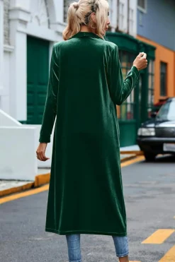 Clearance Dear-Lover Velvet Open Front Pocketed Long Duster Green