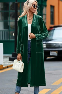 Clearance Dear-Lover Velvet Open Front Pocketed Long Duster Green