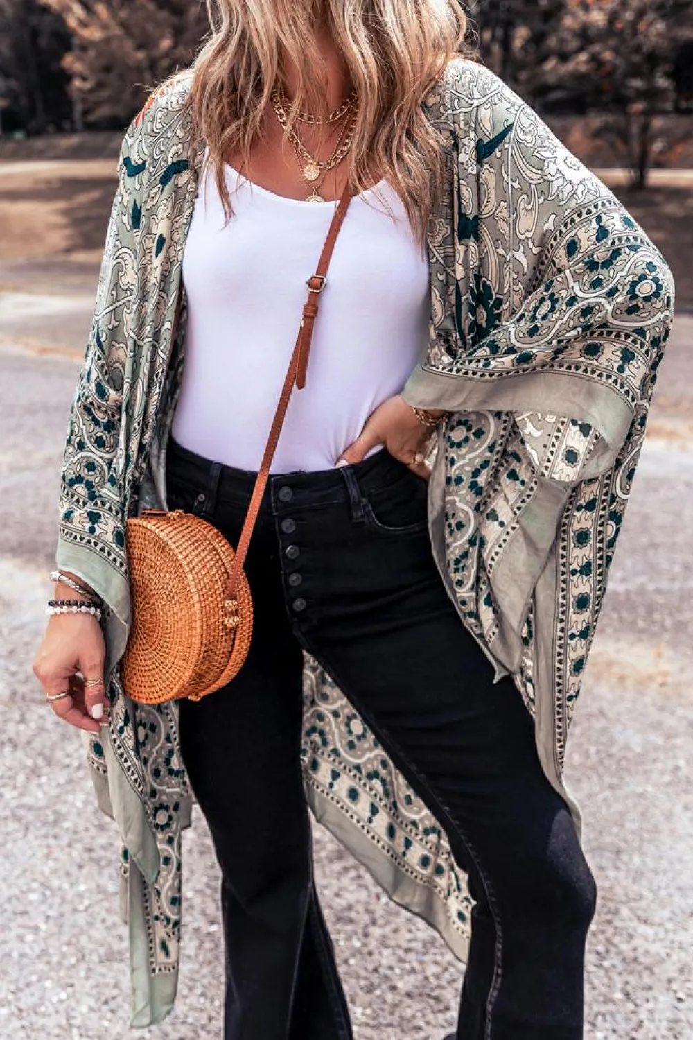 Best Dear-Lover Vintage Floral Print Long Split Open Front Kimono Green