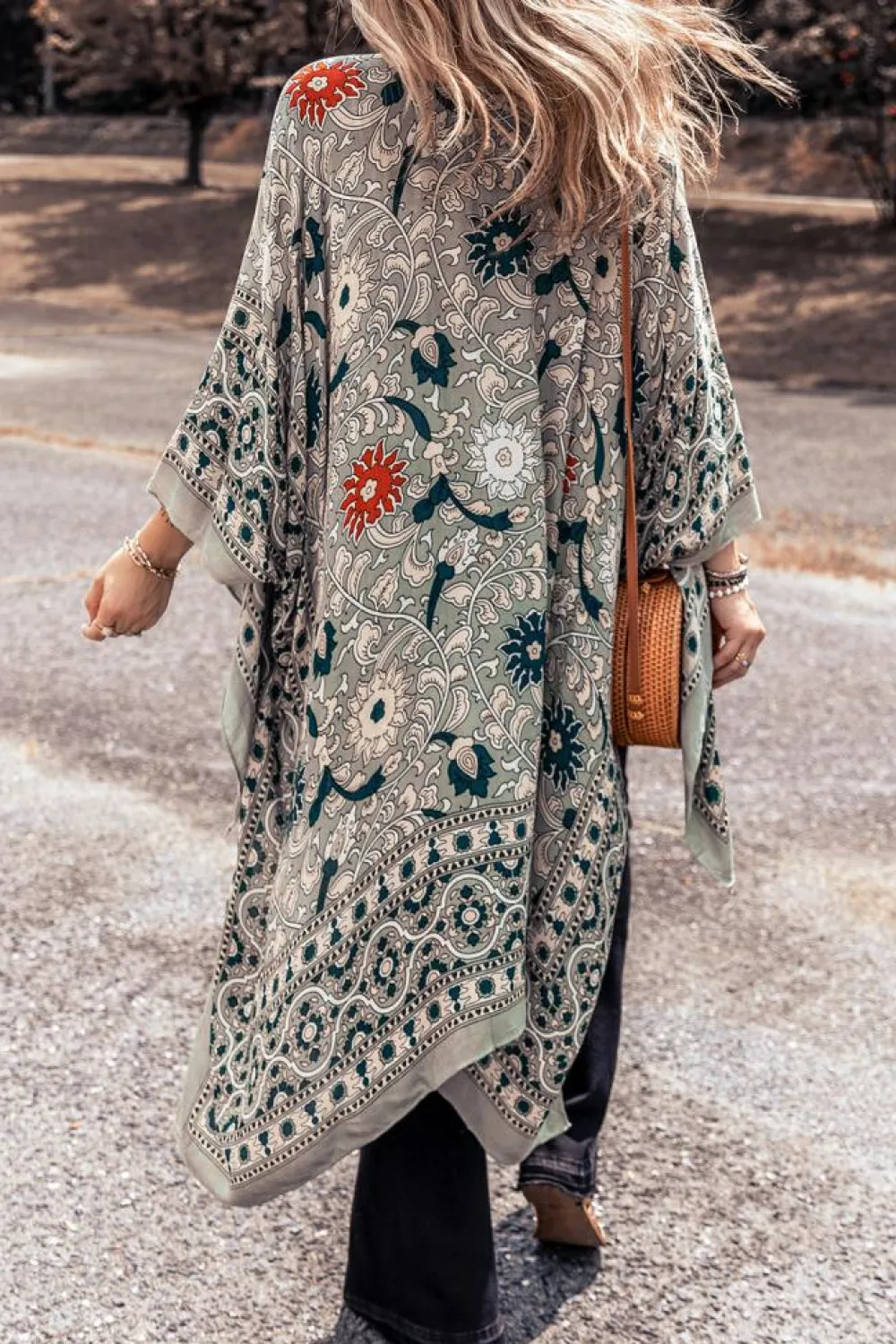 Best Dear-Lover Vintage Floral Print Long Split Open Front Kimono Green
