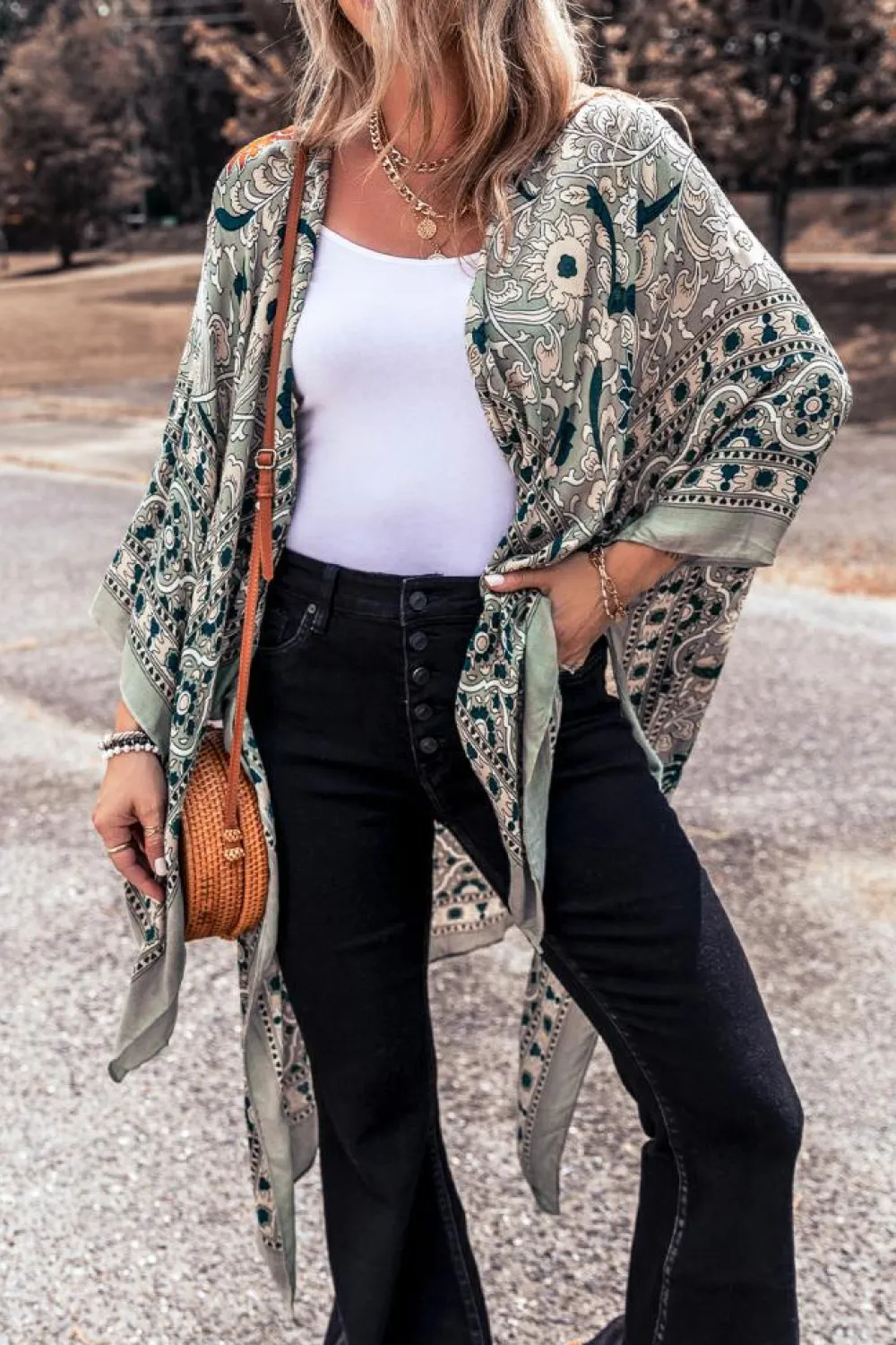 Best Dear-Lover Vintage Floral Print Long Split Open Front Kimono Green