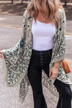 Best Dear-Lover Vintage Floral Print Long Split Open Front Kimono Green