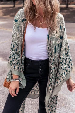 Best Dear-Lover Vintage Floral Print Long Split Open Front Kimono Green