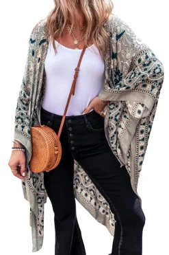 Best Dear-Lover Vintage Floral Print Long Split Open Front Kimono Green