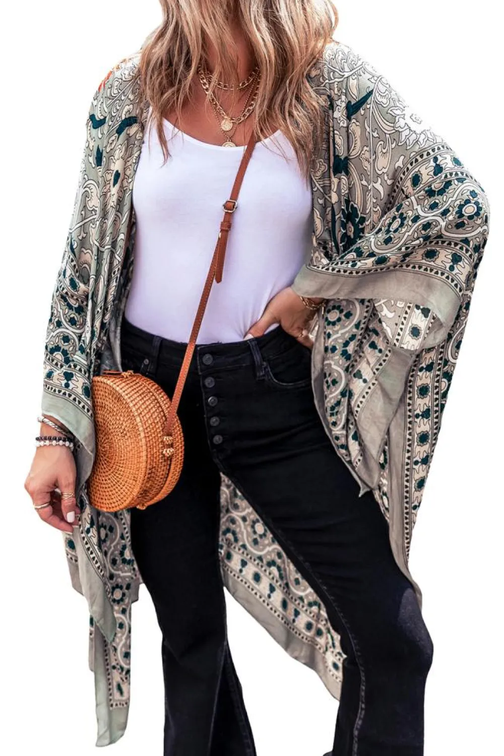 Best Dear-Lover Vintage Floral Print Long Split Open Front Kimono Green