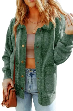 Outlet Dear-Lover Vintage Washed Flap Pocket Button Shacket Green