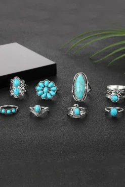Fashion Dear-Lover Vintage Western Turquoise 8-piece Ring Set Green