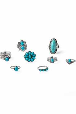 Fashion Dear-Lover Vintage Western Turquoise 8-piece Ring Set Green