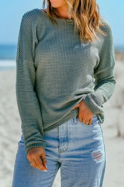 Online Dear-Lover Waffle Knit Drop Shoulder Long Sleeve Top Green