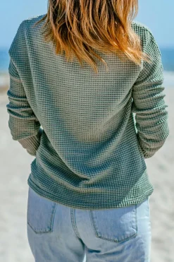 Online Dear-Lover Waffle Knit Drop Shoulder Long Sleeve Top Green