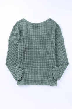 Online Dear-Lover Waffle Knit Drop Shoulder Long Sleeve Top Green