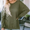 Clearance Dear-Lover Waffle Knit High Slits Oversized Top Green