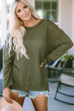 Clearance Dear-Lover Waffle Knit High Slits Oversized Top Green