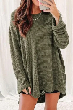 Clearance Dear-Lover Waffle Knit High Slits Oversized Top Green