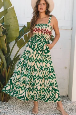Clearance Dear-Lover Western Aztec Shirred A-line Sleeveless Maxi Dress Green