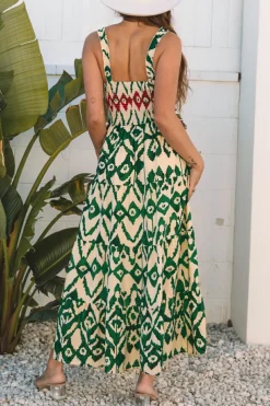 Clearance Dear-Lover Western Aztec Shirred A-line Sleeveless Maxi Dress Green