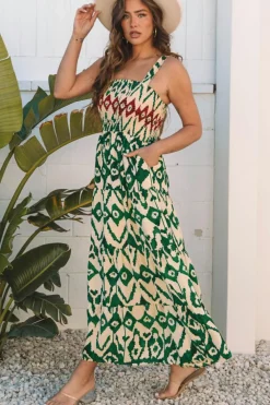 Clearance Dear-Lover Western Aztec Shirred A-line Sleeveless Maxi Dress Green