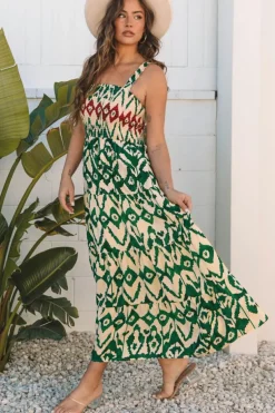 Clearance Dear-Lover Western Aztec Shirred A-line Sleeveless Maxi Dress Green