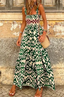 Clearance Dear-Lover Western Aztec Shirred A-line Sleeveless Maxi Dress Green