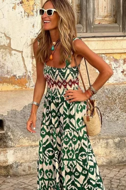 Clearance Dear-Lover Western Aztec Shirred A-line Sleeveless Maxi Dress Green