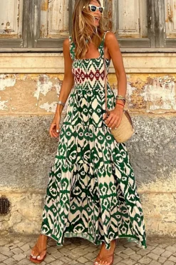 Clearance Dear-Lover Western Aztec Shirred A-line Sleeveless Maxi Dress Green