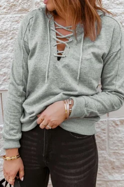 Discount Dear-Lover Grey Casual Solid Color Lace-up Hoodie Gray