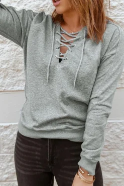 Discount Dear-Lover Grey Casual Solid Color Lace-up Hoodie Gray