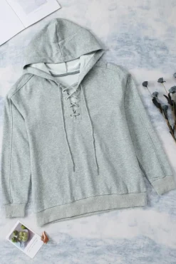 Discount Dear-Lover Grey Casual Solid Color Lace-up Hoodie Gray