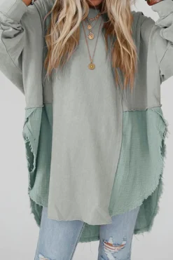 Outlet Dear-Lover Grey Crinkle Splicing Raw Hem High Low Oversized Blouse Medium Grey