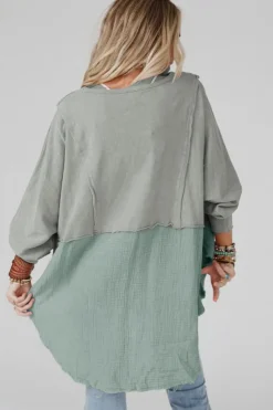 Outlet Dear-Lover Grey Crinkle Splicing Raw Hem High Low Oversized Blouse Medium Grey