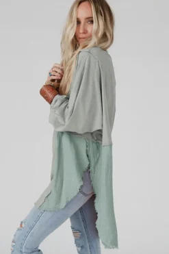 Outlet Dear-Lover Grey Crinkle Splicing Raw Hem High Low Oversized Blouse Medium Grey