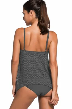 Discount Dear-Lover Grey Lace Overlay Spaghetti Straps Tankini Swimsuit Gray