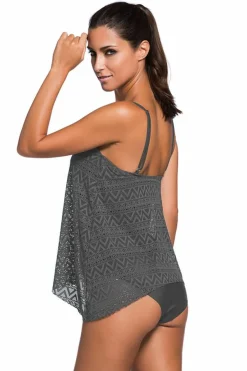 Discount Dear-Lover Grey Lace Overlay Spaghetti Straps Tankini Swimsuit Gray