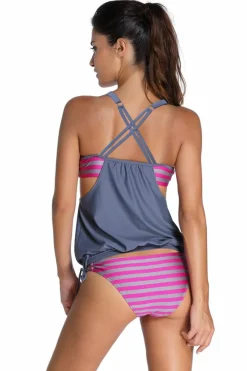 Hot Dear-Lover Grey Layered-Style Striped Tankini with Triangular Briefs Gray