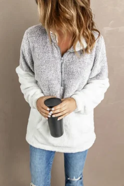 Hot Dear-Lover Grey Zip Neck Oversize Fluffy Fleece Pullover Gray