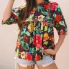 Best Dear-Lover Rose Flower Embroidered Trim Half Sleeve Blouse Greyish Purple