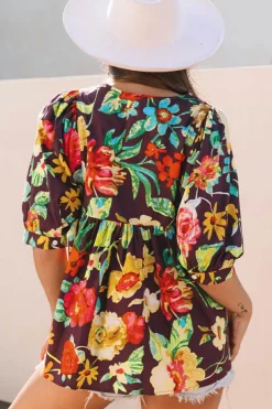 Best Dear-Lover Rose Flower Embroidered Trim Half Sleeve Blouse Greyish Purple