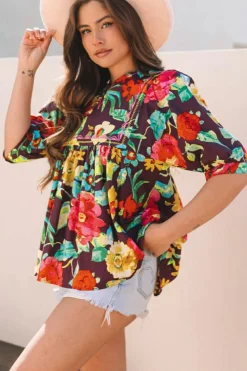 Best Dear-Lover Rose Flower Embroidered Trim Half Sleeve Blouse Greyish Purple