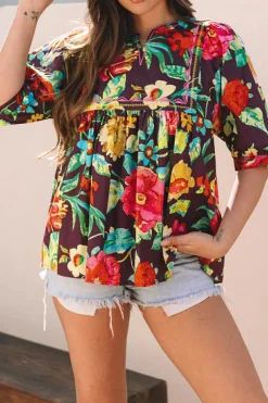 Best Dear-Lover Rose Flower Embroidered Trim Half Sleeve Blouse Greyish Purple