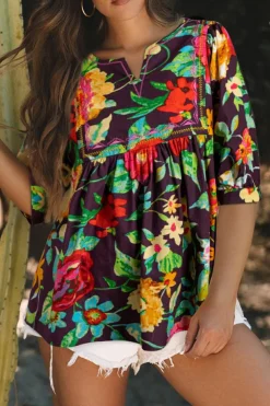 Best Dear-Lover Rose Flower Embroidered Trim Half Sleeve Blouse Greyish Purple