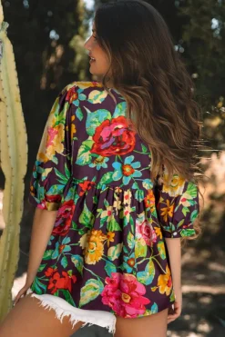 Best Dear-Lover Rose Flower Embroidered Trim Half Sleeve Blouse Greyish Purple