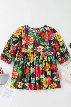 Best Dear-Lover Rose Flower Embroidered Trim Half Sleeve Blouse Greyish Purple