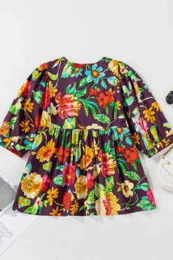 Best Dear-Lover Rose Flower Embroidered Trim Half Sleeve Blouse Greyish Purple