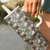 Best Dear-Lover Flower Print Handle Stainless Steel Portable Cup 40OZ Guacamole Green
