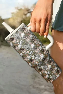 Best Dear-Lover Flower Print Handle Stainless Steel Portable Cup 40OZ Guacamole Green