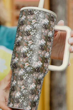 Best Dear-Lover Flower Print Handle Stainless Steel Portable Cup 40OZ Guacamole Green