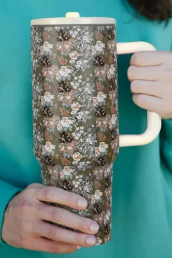 Best Dear-Lover Flower Print Handle Stainless Steel Portable Cup 40OZ Guacamole Green